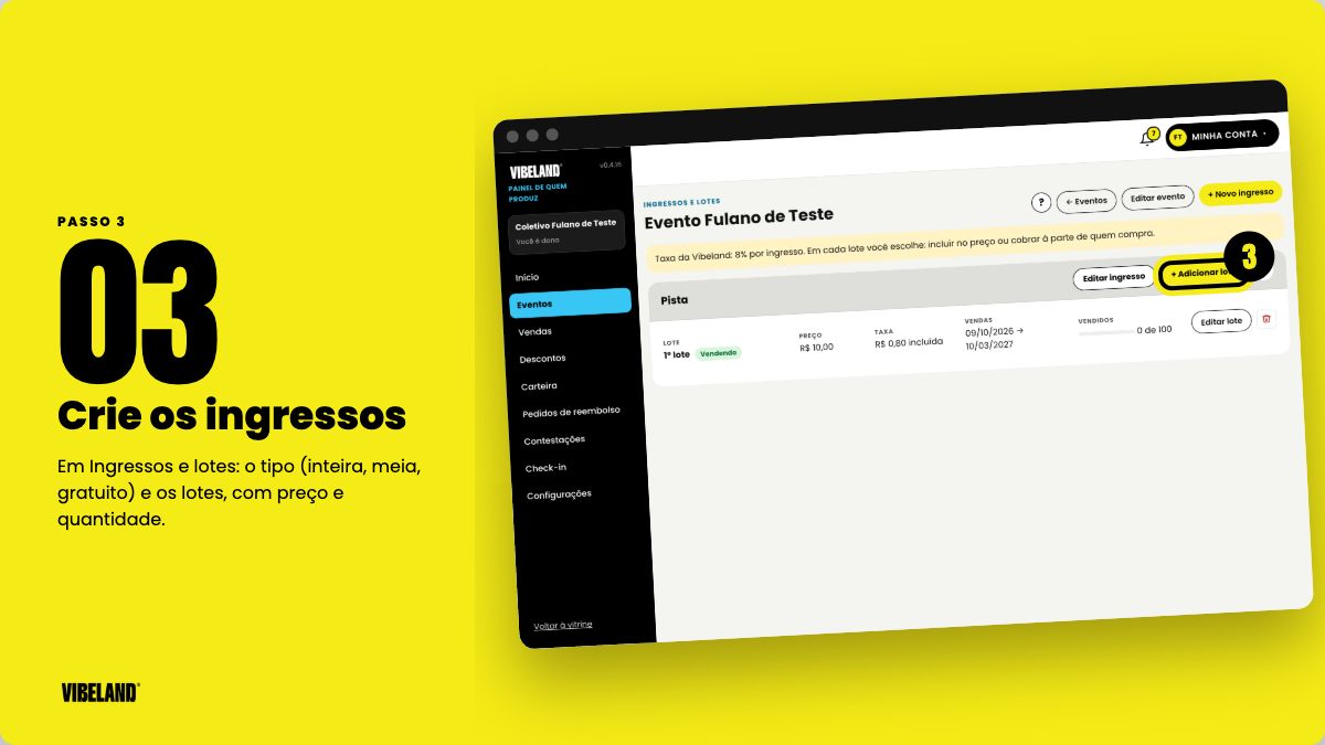 Passo 3: tela Ingressos e lotes, com o botão Adicionar lote em destaque e o primeiro lote listado.